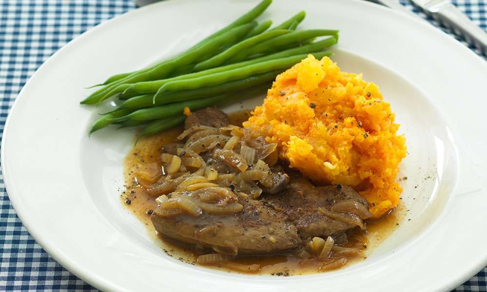 Liver and onions with neeps, tatties and beans
